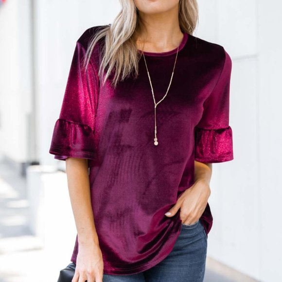 AMARYLLIS | Wine Velvet Ruffle-Accent Short-Sleeve Top (Size: Medium) - Picture 3 of 12